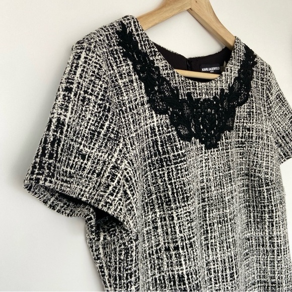 KARL LAGERFELD GREY/BLACK/WHITE SHEATH STYLE DRESS WITH LACE APPLIQUE, SIZE  10 - Picture 4 of 9